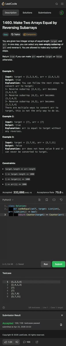 doctorzlai's tweet image. Day 437 - Leetcoding with Kids - 1460. Make Two Arrays Equal byReversing Subarrays
带娃刷题第437天 反转子数组使相等
#leetcode #tutorial #daily #learning #python #programming #力扣 #编程 #计算机 #学习