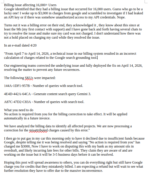 gsmithw91's tweet photo. Continued "From April 7 to April 14, 2026, a technical issue in our billing system resulted in an incorrect calculation of charges related to the Google search grounding tool.

Our engineering teams corrected the underlying issue and fully deployed the fix on April 14, 2026, https://t.co/piqkbdRksL