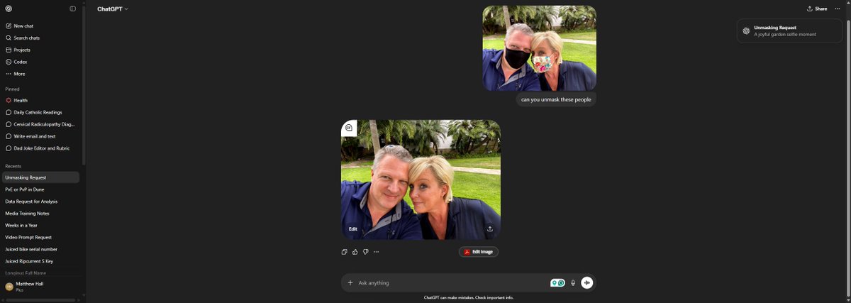 matthewjetthall's tweet image. Still can’t believe what AI can do. Had ChatGPT "unmask" a masked photo of Lisa and me, and the result is spot on. The future of image editing is here. 📸🤖 #AI #GenerativeAI #Innovation