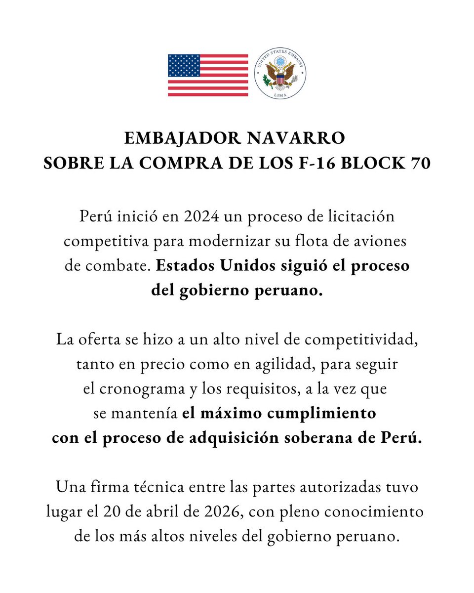 USEMBASSYPERU's tweet image. Embajador Navarro sobre la compra de los F-16 Block 70. Lee el comunicado completo aquí: pe.usembassy.gov/es/embajador-n…