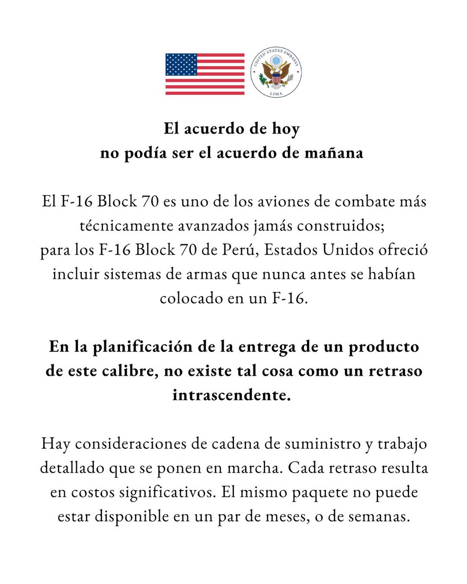 USEMBASSYPERU's tweet image. Embajador Navarro sobre la compra de los F-16 Block 70. Lee el comunicado completo aquí: pe.usembassy.gov/es/embajador-n…