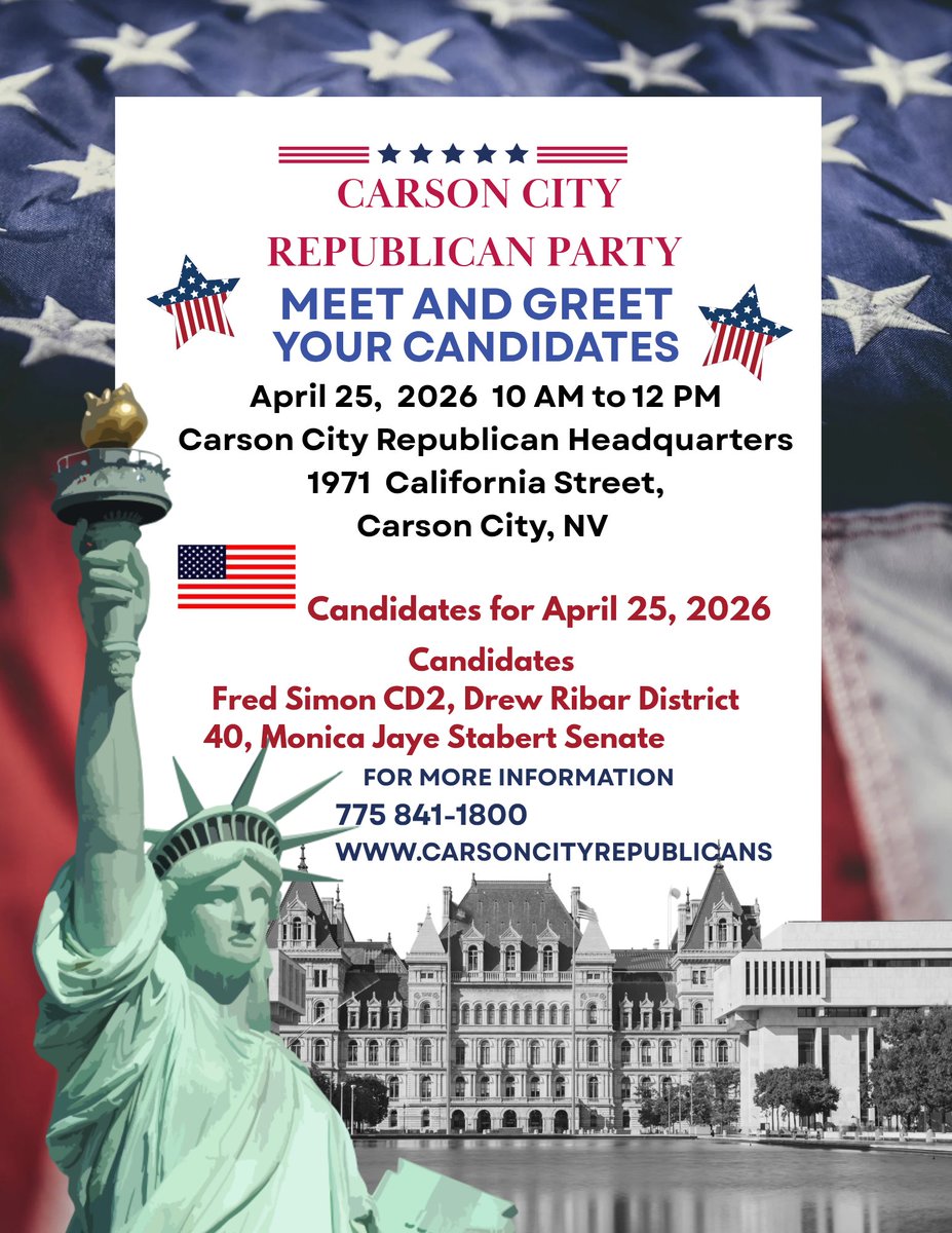 CarsonCityRepub's tweet image. Carson City Republicans Meet &amp;amp; Greet

📅 April 25 | ⏰ 10–12
📍 1971 California St, Carson City

Meet: Fred Simon, Drew Ribar &amp;amp; Monica Jaye Stabert

Info: 775-841-1800
🌐 carsoncityrepublicans.com

#CarsonCity #NVPolitics #Election2026
