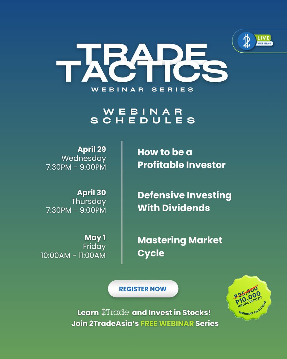2TradeAsia's tweet image. The sooner you learn, the sooner you earn.

Don’t miss out on our free 2Trade Tactics webinar series and learn the basics and strategies to grow your portfolio.

Register now!
tinyurl.com/2TradeTacticsF…

#2TradeAsia #TradeTactics #FreeWebinar #InvestSmart #FinancialFreedom