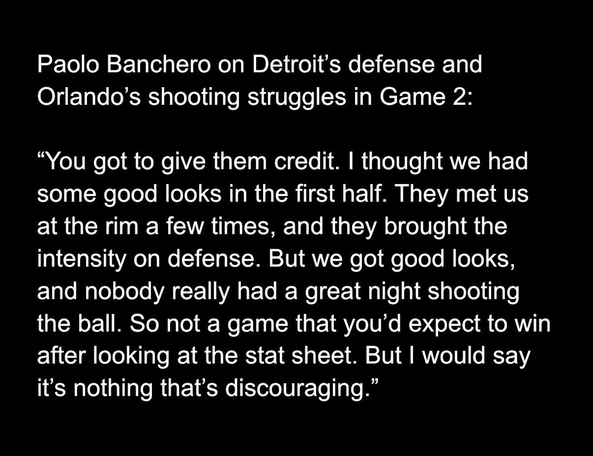 therealBeede's tweet image. “… They met us at the rim a few times, and they brought the intensity on defense,” #Magic forward Paolo Banchero said about the Pistons. “But we got good looks, and nobody really had a great night shooting the ball. … I would say it’s nothing that’s discouraging.”

More: