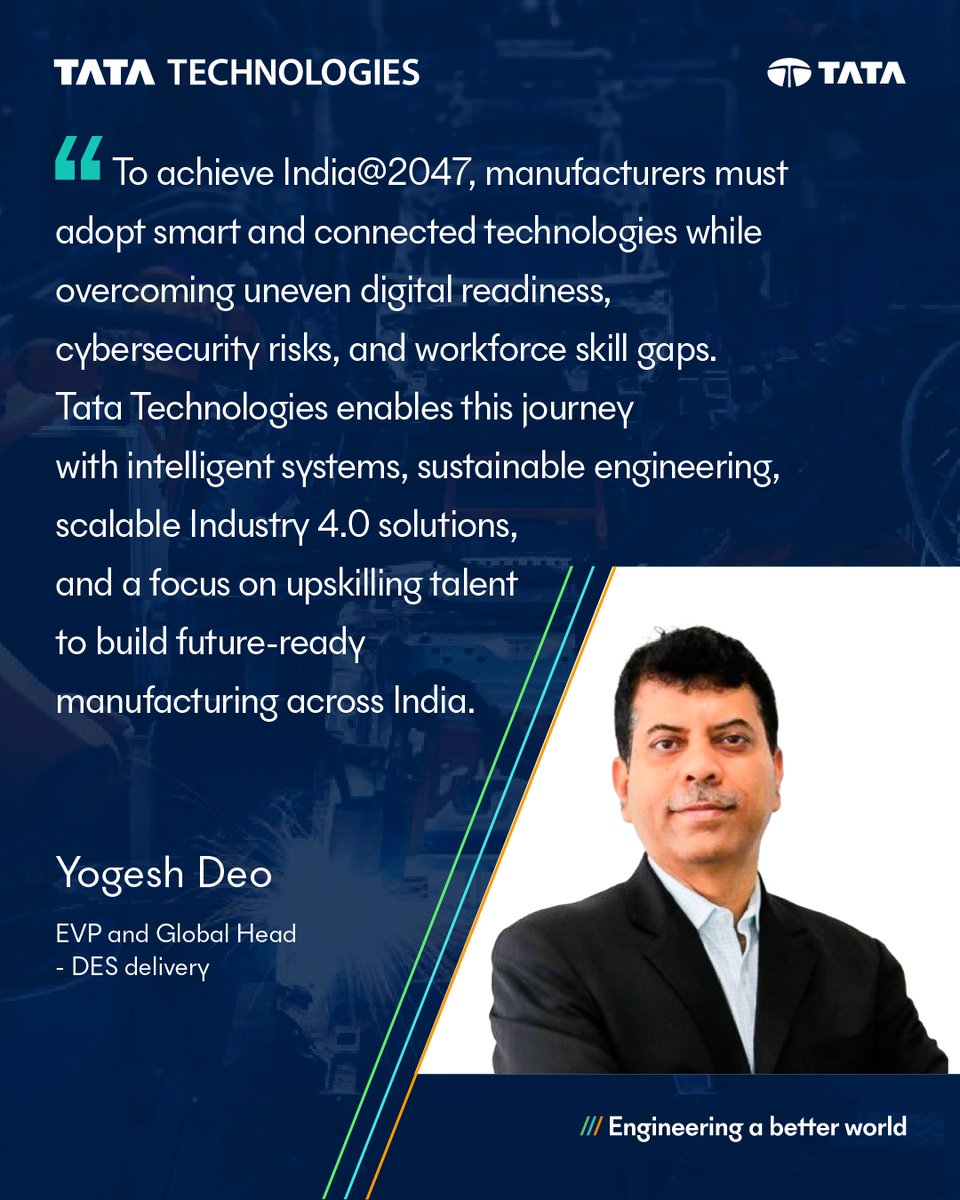 TataTech_News's tweet image. #SmartManufacturing 🇮🇳 — We don't need to manufacture more; we need to manufacture at a higher level of intelligence.
 
In a feature discussion with @gulf_news , our Yogesh Deo reveals how the ambition of India@2047 hinges on a fundamental shift from quantity to high-value,