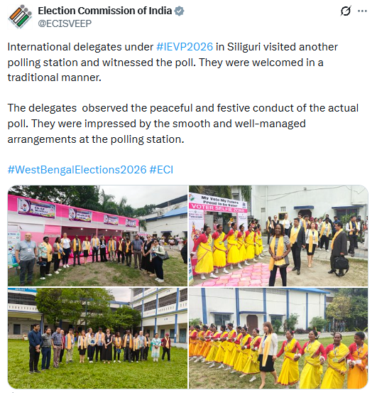 uniindianews's tweet image. International delegates under IEVP 2026 in Siliguri visited another polling station and witnessed the poll. They were welcomed in a traditional manner: Election Commission of India

@ECISVEEP | #IEVP2026 | #WestBengalElections | #Darjeeling | #Matigara | #ElectionCommission |