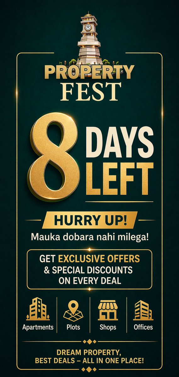 AnupDutta887138's tweet image. ⏳ Sirf 8 Din Baaki! 🏡🔥
Property Fest ka final chance — abhi book karein warna miss ho jayega!

💰 Exclusive Offers | Big Discounts
🏢 Apartments | Plots | Shops | Offices

📞 Call Now – Mauka dobara nahi milega!

#PropertyFest #DreamHome #LimitedOffer #RealEstate #HurryUp