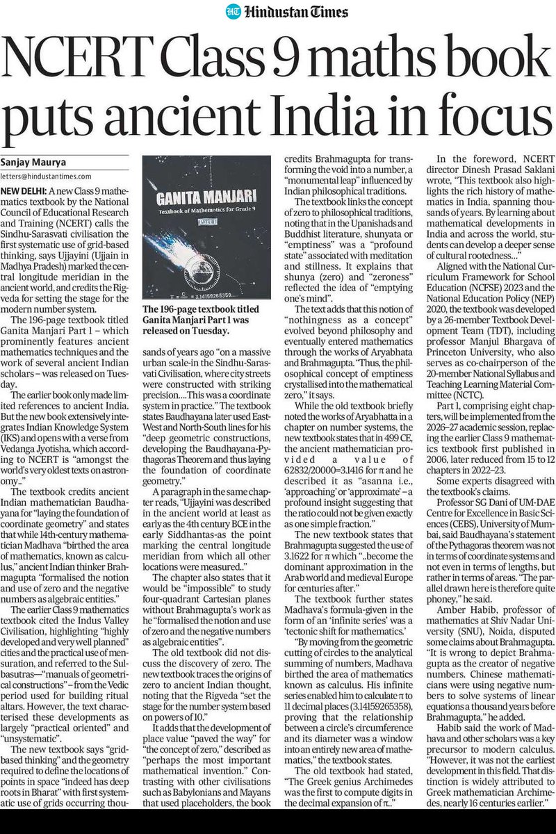 MeSanjayy's tweet photo. HT Exclusive: NCERT Class 9 maths book say: Sindhu-Sarasvati civilisation was "coordinate system in practice"; Ujjayini (Ujjain in MP) marked the central longitude meridian in the ancient world, and credits the Rigveda for setting the stage for the modern number system. https://t.co/WfwTPxZXko