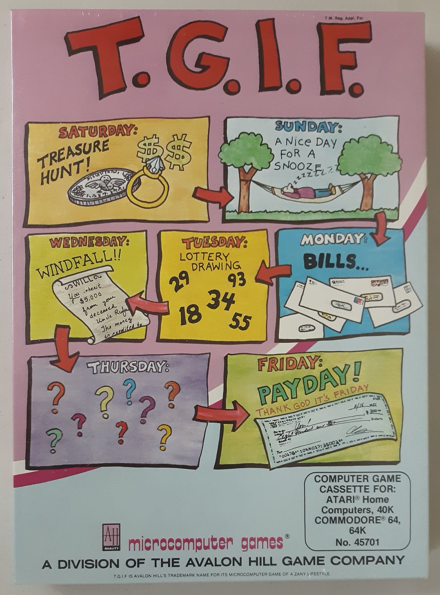 "T.G.I.F." (Thank Goodness It's Friday) 1983 Avalon Hill/Microcomputer Games for Atari &amp; Commodore 64. A party game for 2-4 players or choose the computer for your competition, re-creating a typical week in the lives of the working class. Get more money that your opponents to win