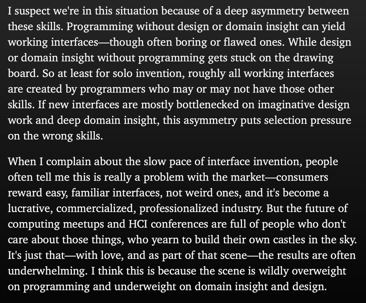 On an accidental tyranny of programmers holding back interface invention, from my recent talk: andymatuschak.org/tat/