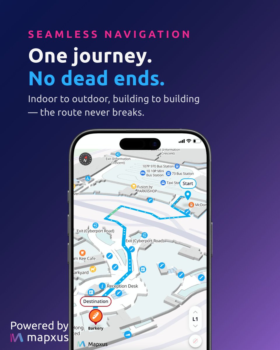 mapxus's tweet photo. One of Hong Kong's largest tech hubs just made getting around a lot easier. 🏢✨

Mapxus Anywhere QR codes are now live at @Cyberport, available across kiosks on L1 & L4, and in every lift lobby of Buildings 1 & 2.📍

Scan, and you're instantly on a live interactive floor plan covering all 5 buildings, the shopping arcade, and the waterfront promenade. No app. No help desk. No more getting lost.

Just scan and go. ✅

🗺️ Try it out now: https://t.co/DNvVX1OYdI

#Mapxus #IndoorNavigation
