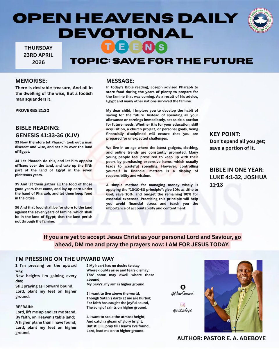 NewSamuel_'s tweet image. OPEN HEAVENS DAILY DEVOTIONAL 

DATE: THURSDAY, APRIL 23RD 2026

TOPIC: DIVINE VISITATION I

And

OPEN HEAVENS FOR TEENS DEVOTIONAL 

DATE: THURSDAY APRIL 23RD  2026

TOPIC: SAVE FOR THE FUTURE

#light #Jesus