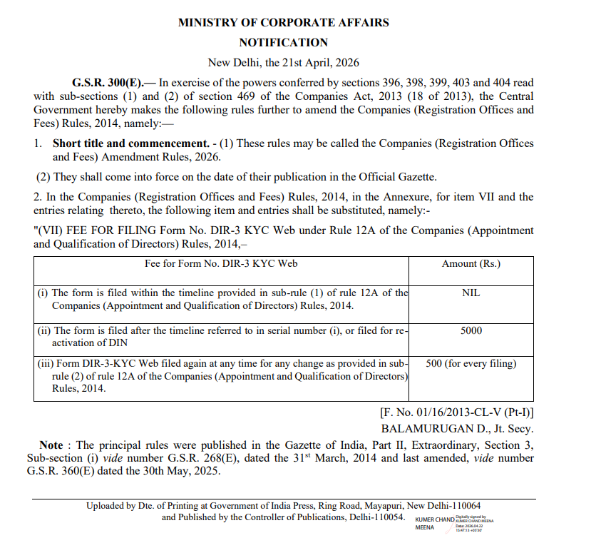 CAclubindia's tweet image. 🚨 DIR-3 KYC Update 👇

#MCA notifies new fee rules under Companies Amendment Rules 2026:

- NIL if filed on time
- Rs 5000 for late filing/DIN reactivation
- Rs 500 for Changes or Updates in KYC Details