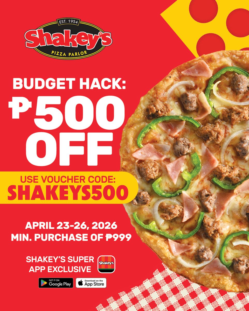 PHShakeys's tweet photo. Stay in. Save gas. Eat pizza. 🍕💸 ​
Get ₱500 OFF your delivery order!​

🏷️Use code: SHAKEYS500 🍕​
📅 April 23–26, 2026 ​
🛒 Min. spend: ₱999
📱 Super App Delivery Exclusive ​

Your weekend plans = sorted.​

Order now: https://t.co/IKL059QnP3 https://t.co/1vfBC5i705