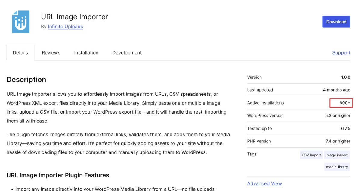 BlakeWhittle7's tweet photo. URL Image Importer, one of our newer free plugins, is moving up in installs! 600+ active installs, not too shabby! https://t.co/eaiItbpMLc
