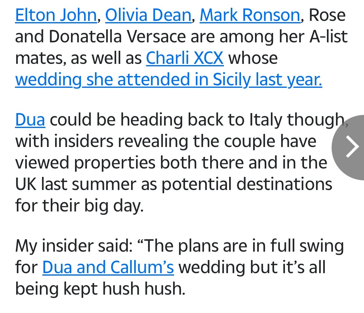 Dua Lipa and Callum Turner are planning an intimate, private wedding this year, likely abroad, with Italy or the UK considered.

Elton John, Olivia Dean, Mark Ronson, ROSÉ, Donatella Versace and Charli XCX are among her A-list friends, but the guest list will stay small.