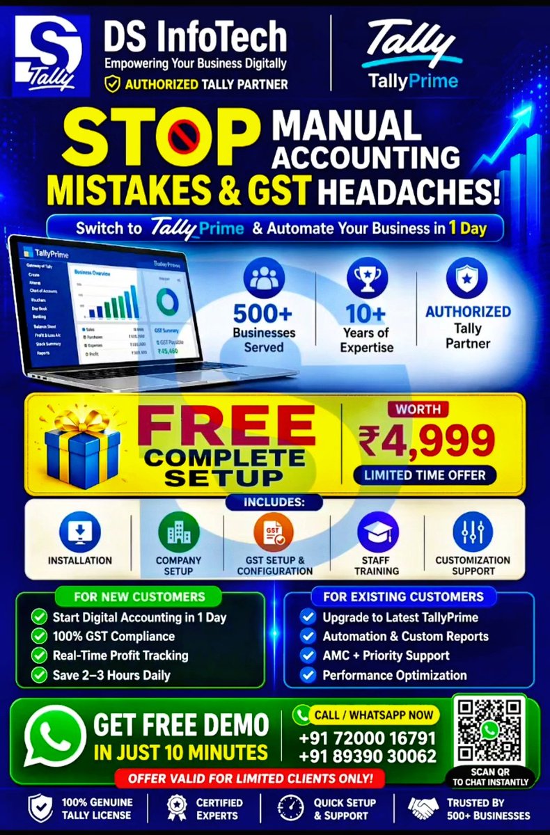 JANESH_DS's tweet image. Still struggling with GST errors or manual accounting? 😓
Upgrade to TallyPrime with smart automation 🚀
#TallyPrime #Tally
#TallySoftware
#TallyPartner
#AccountingAutomation
#DigitalAccounting
#GSTSolutions
#GSTIndia
#BusinessAutomation
#SmartAccounting
#DSInfoTechTally