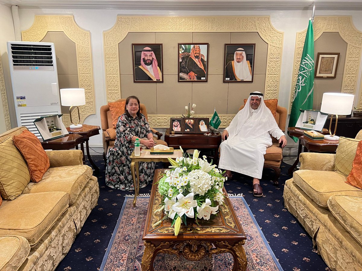 KSAembassyPH's tweet photo. H.E. The Ambassador of the Custodian of the Two Holy Mosques to the Republic of the Philippines, Faisal Ebraheem Alghamdi, received in his office at the Embassy  Hon. Germinia V. Aguilar Usudan, DFA Assistant Secretary for Middle East & African Affairs. During the meeting, they reviewed and discussed topics of mutual interest.