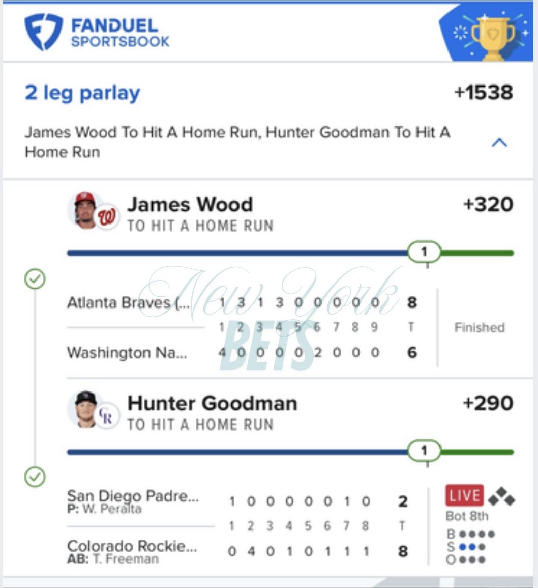 NandoThaDon's tweet image. Back to back to back to back 🚨 Cash the 7th ticket of the day ‼️ 🤑 From my VIP 😎 🔥 James Wood x Hunter Goodman #MLB #VIP #fanduel #parlay #homerun #Gambling𝕏 #gamblingcommunity