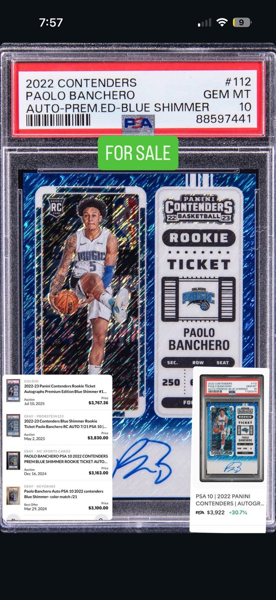 BetOliveHQ's tweet image. FOR SALE: 2022-23 Contenders Paolo Banchero Auto Blue Shimmer Rookie Ticket SSP /21 PSA 10
#sportscards #thehobby #magic #p5 #grail #cards #pokemon #sportscard