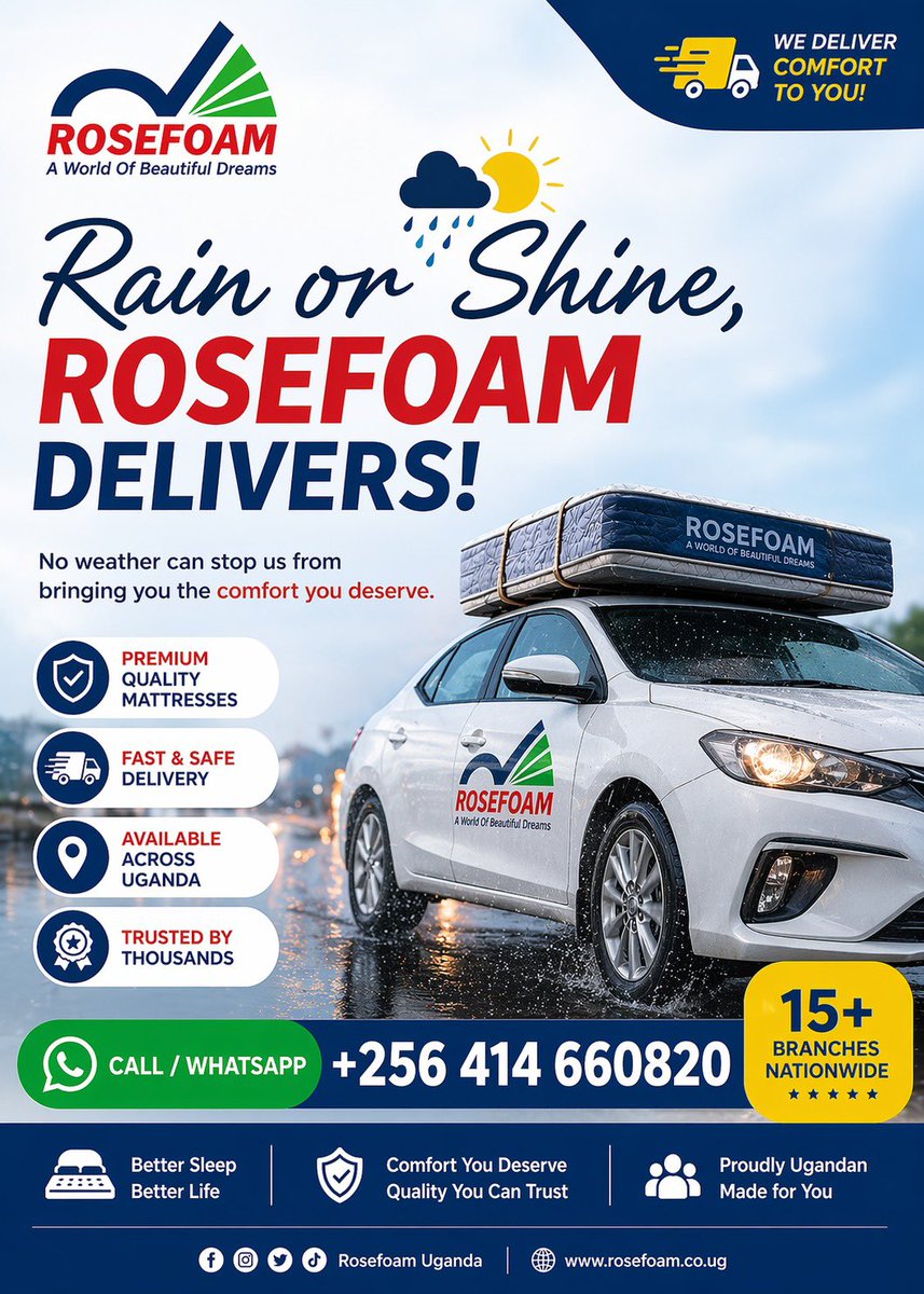RosefoamMattres's tweet photo. Rain or shine, comfort is on the way! 🌧️☀️
At ROSEFOAM, we don’t just make mattresses — we deliver better sleep, better life, wherever you are. 🚚💤
✔️ Premium quality you can trust ✔️ Fast &amp; safe delivery ✔️ Available across Uganda ✔️ Trusted by thousands
No weather can stop https://t.co/xRB2fEN8pe