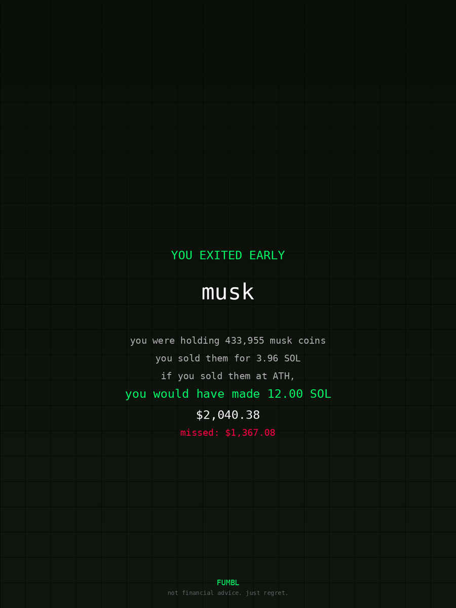 Quetlin24's tweet image. used fumbledbags.com to see how much i missed out on $musk bro actually gonna crash out                               

5MJaM2tuchs1psw9xKBj6hVSkaNhBEftJybLWnYYpump
#trust 
#dollar