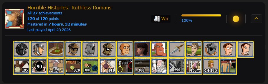 Dustellar's tweet image. 100% Horrible Histories: Ruthless Romans (Wii)

How it started/how it ended :P I liked the little clothes progression, the game was fine, repetitive sometimes and some minigames were painful even with mouse configuration, but I liked it.

#Retroachievements #Wii