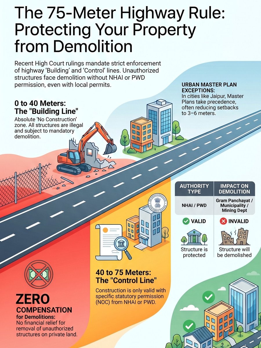 AryanYa14838105's tweet image. The 75-Meter Rule: A Guide to Highway Construction Laws
• Property Safety &amp;amp; Highway Regulations: The 75-Meter Boundary Explained
• Building Near Highways: Knowing the Building and Control Lines #RealEstateIndia #PropertyProtection #JDA #RERA #LandDevelopment