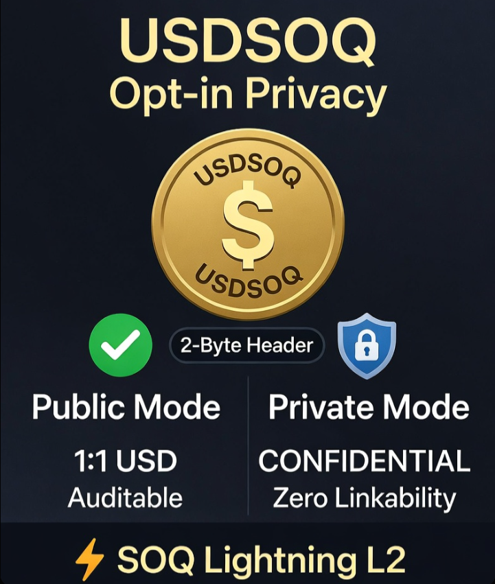 1/ Most stablecoins are either public (easy to audit but zero privacy)
or private (hidden but you can’t prove the backing).
USDSOQ does both — cleanly.

2/ The secret? A tiny 2-byte header on every single coin from day 1.
It’s like a label that says:
“public” or “private” + “this