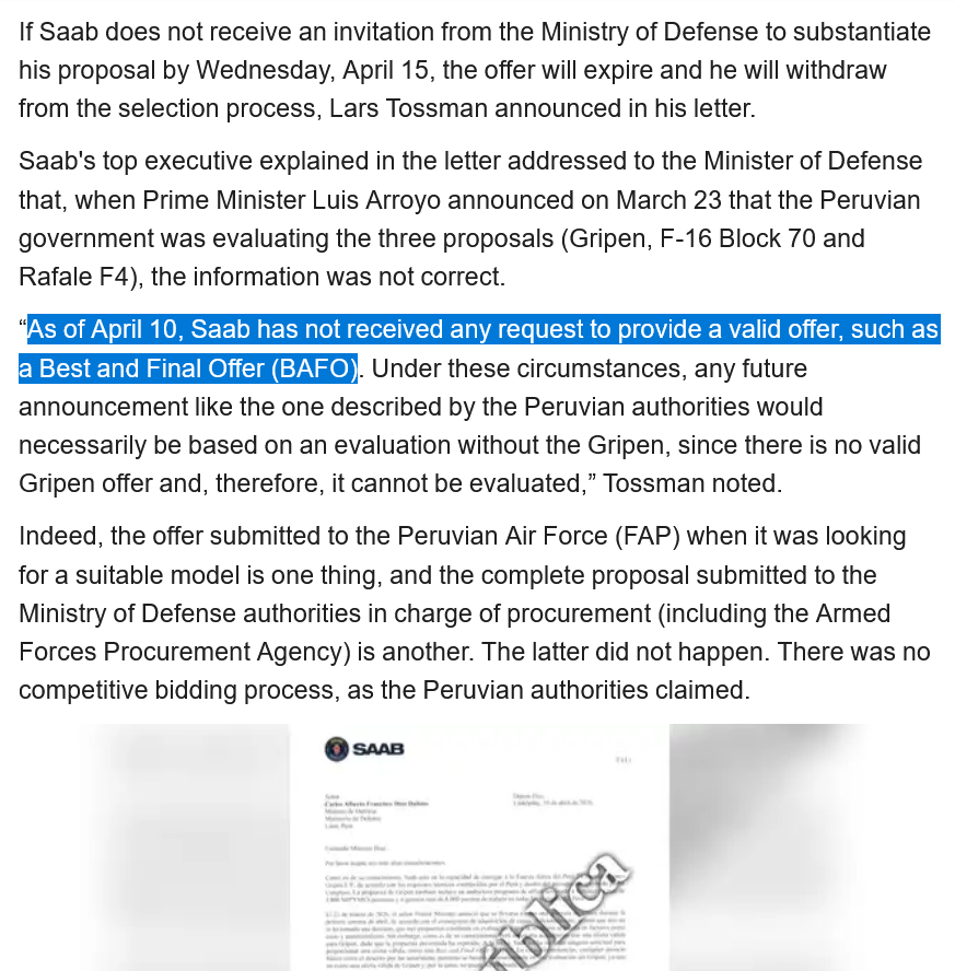 GripenNews's tweet image. 🌞 Good morning to everyone except, to people saying that #Gripen lost in #Peru - when Saab was not even allowed to submit a valid offer.

Anyway, best wishes to the Peruvian people. 

larepublica.pe/politica/2026/… 

pe.usembassy.gov/ambassador-nav…