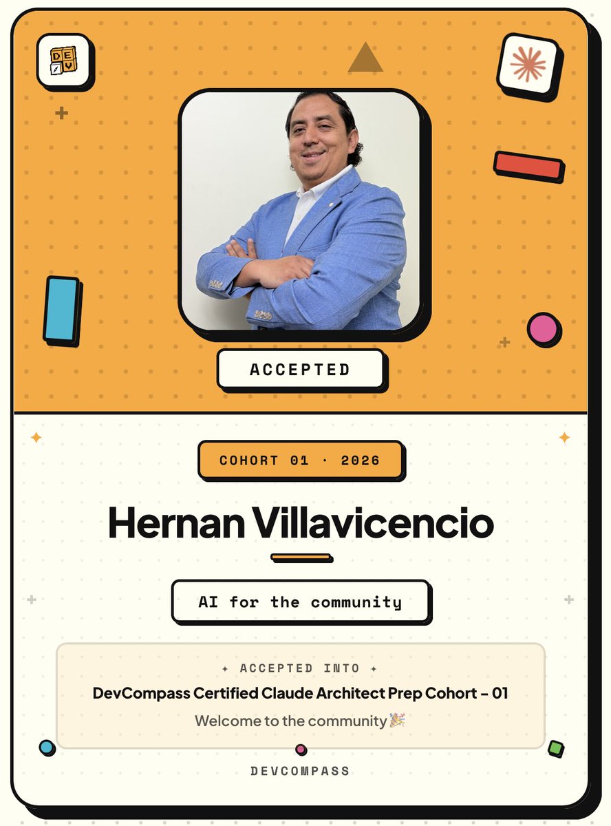 hsoledispa5's tweet photo. 🎉 I was accepted into the first cohort of DevCompass Certification Claude Architect Preparation Program!

Excited to continue learning and getting certified in the tools that are transforming software development.

Thank you, @the_devcompass for this opportunity. https://t.co/XvpCaMiepZ