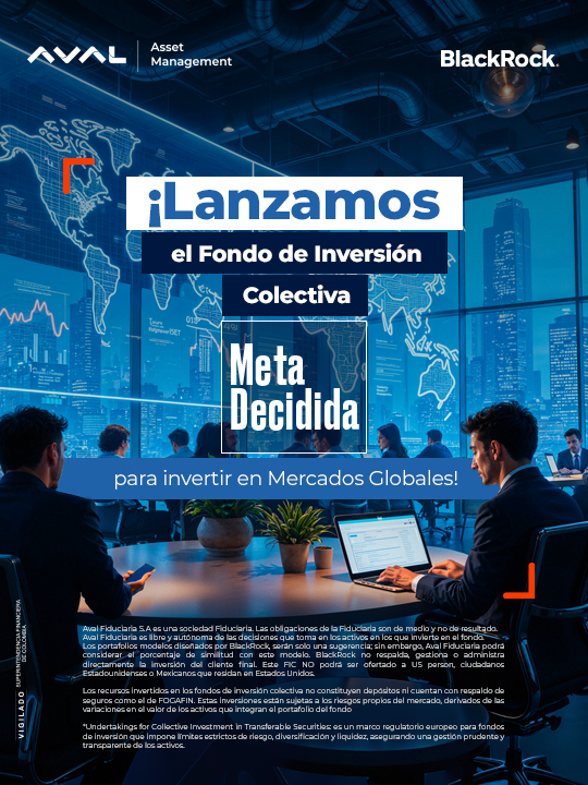 AvalCasadeBolsa's tweet photo. ¡Seguimos ampliando nuestra oferta de inversión para que puedas diversificar tu portafolio a nivel internacional! 🌍

El FIC Meta Decidida, gestionado por Aval Asset Management, invierte en portafolios modelo diseñados por @BlackRock, construidos con ETFs de #RentaFija y acciones internacionales listados en el Mercado Global Colombiano de la Bolsa de Valores de Colombia (@bvcColombia), combinando diversificación, liquidez y eficiencia en costos 💰.

Este producto está pensado para inversionistas con perfil moderado que quieren acceder a mercados internacionales, con operación en pesos, supervisión local y sin necesidad de abrir cuentas en el exterior.

Desde #AvalCasaDeBolsa hacemos parte de este lanzamiento y continuamos innovando para acercar oportunidades globales a más inversionistas en #Colombia, trabajando en alianza con @Avalfiduciaria, que hoy lidera el sector fiduciario con más de 210.000 clientes y $206,7 billones en activos administrados.🚀