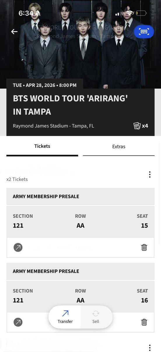 🚨 BTS TAMPA 28 APR 🚨

Selling 2 tickets for BTS World Tour ‘Arirang’ in Tampa (Apr 28)

Section 121, Row AA, seats 15–16 really close to the stage 🥹

$248 each (paid more, just want them gone)

Transfer via Ticketmaster

DM me!

#bts #btsarmy #arirang #btstampa