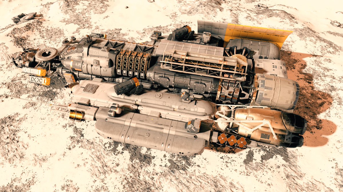 KTNSTS696's tweet image. ホープテック社製の中古船をベースに、幾度となく改造を施したジャンク船「スター・セミ改」

船体各所に、戦場での被弾とその場しのぎの修理を繰り返した痕跡が残る