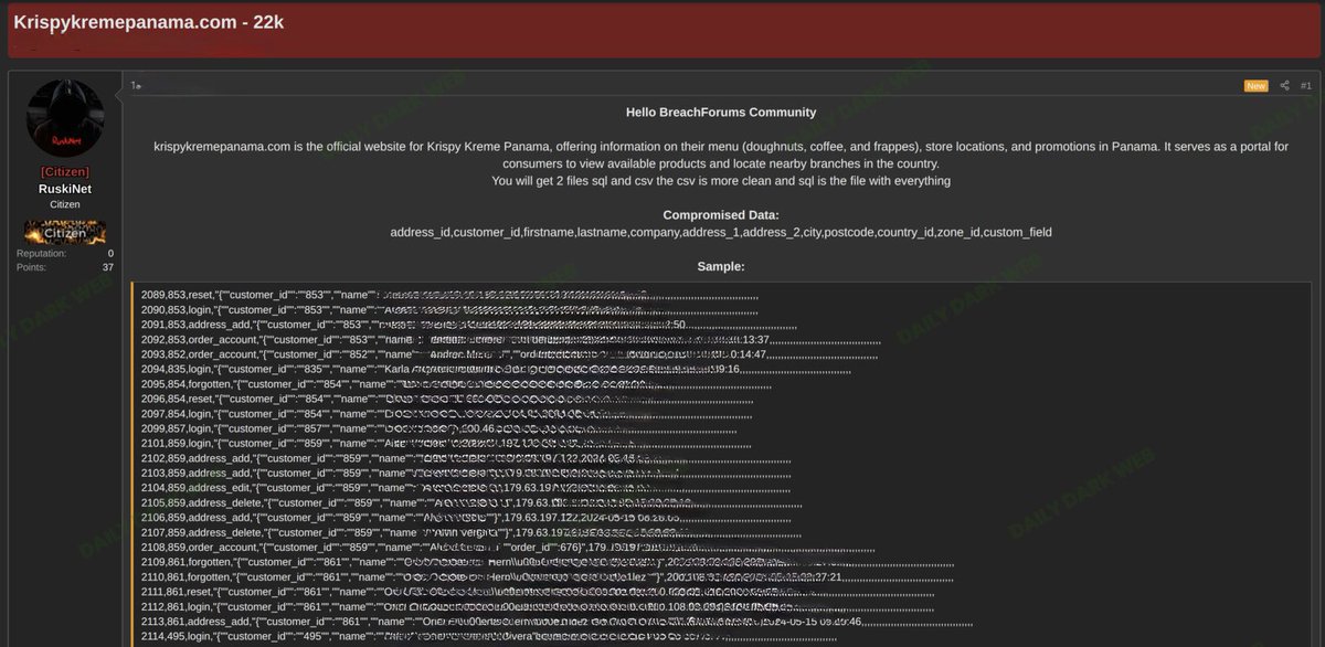 DailyDarkWeb's tweet photo. 🇵🇦 Krispy Kreme Panama Data Leak Allegedly Exposed

A threat actor claims to be selling data from Krispy Kreme Panama (https://t.co/qHxRdrb2Uu) involving approximately 22K records.

The dataset reportedly includes:
• Customer names
• Addresses
• Order/account references
• Location-related data

⚠️ At this stage:
• No known threat actor attribution
• Limited dataset size
• Impact appears localized

DDW is monitoring for further validation or expansion.

#CyberSecurity #DataBreach #Infosec #DarkWeb #DataLeak #ThreatIntel #DDW
