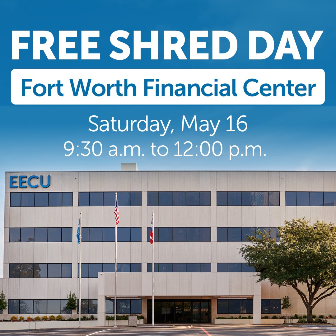 EECUdfw's tweet photo. Mark your calendars! Protect your identity with peace of mind at EECU's Shred Day.

Bring up to ten boxes of documents to our Fort Worth Financial Center on Saturday, May 16 and shred them responsibly for FREE!

Time: 9:30 a.m. to 12:00 p.m. (or until full)
Location: 1617 W. 7th Street, Fort Worth, TX 76102
More details: https://t.co/mYYpqnofon