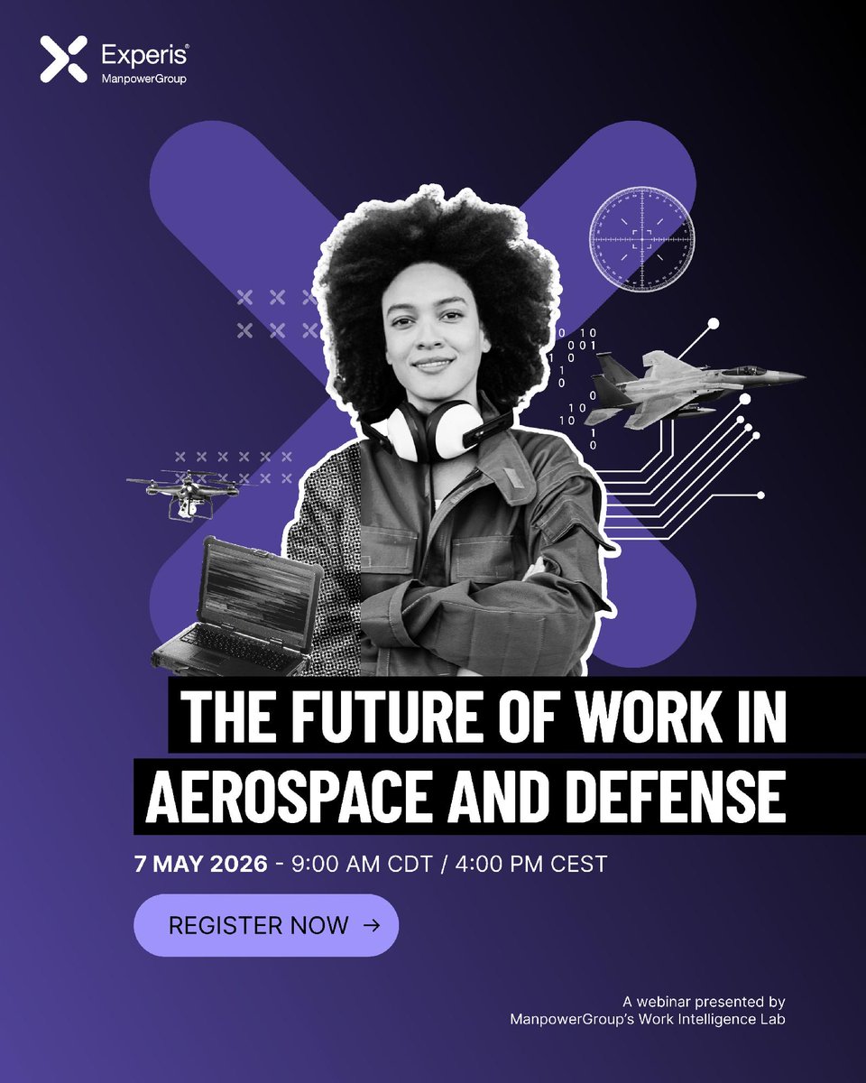 Experis's tweet image. The Aerospace and Defense industry is under pressure to deliver more, faster but the talent isn’t keeping up. 

Join @Experis on May 7, 2026 (9 AM CDT / 4 PM CEST) for The Future of Work in Aerospace and Defense. 

Register now 👉 bit.ly/4cAs6fA

#Aerospace #Defense