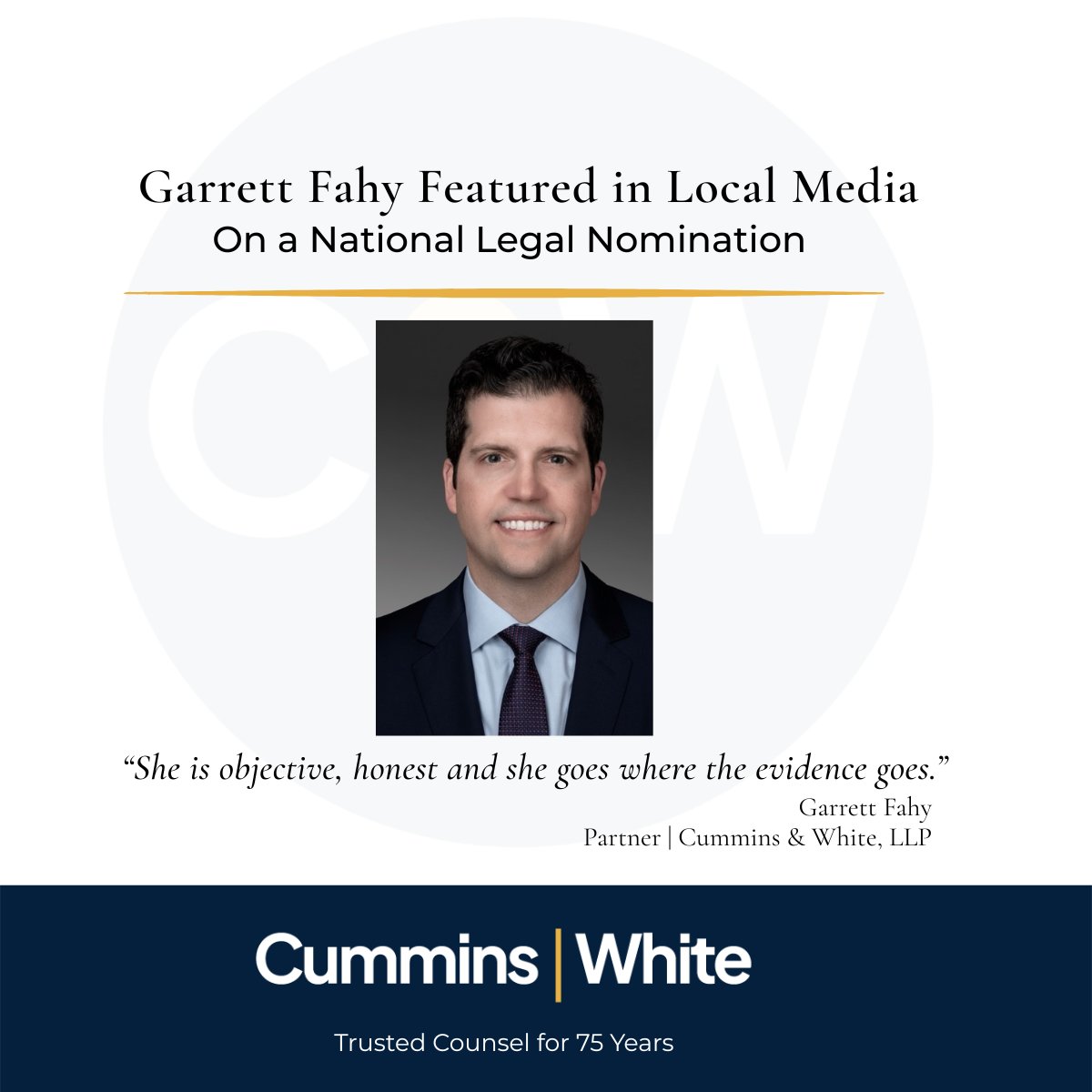 CumminsWhiteLLP's tweet photo. Proud to see Garrett featured in recent local media coverage - he was asked to share his legal perspective on a high-profile national nomination. Garrett’s thoughtful judgment and clarity reflect the trusted counsel we value every day at C&amp;W. #CumminsAndWhite75 #ThoughtLeadership https://t.co/Y0ux18PC24