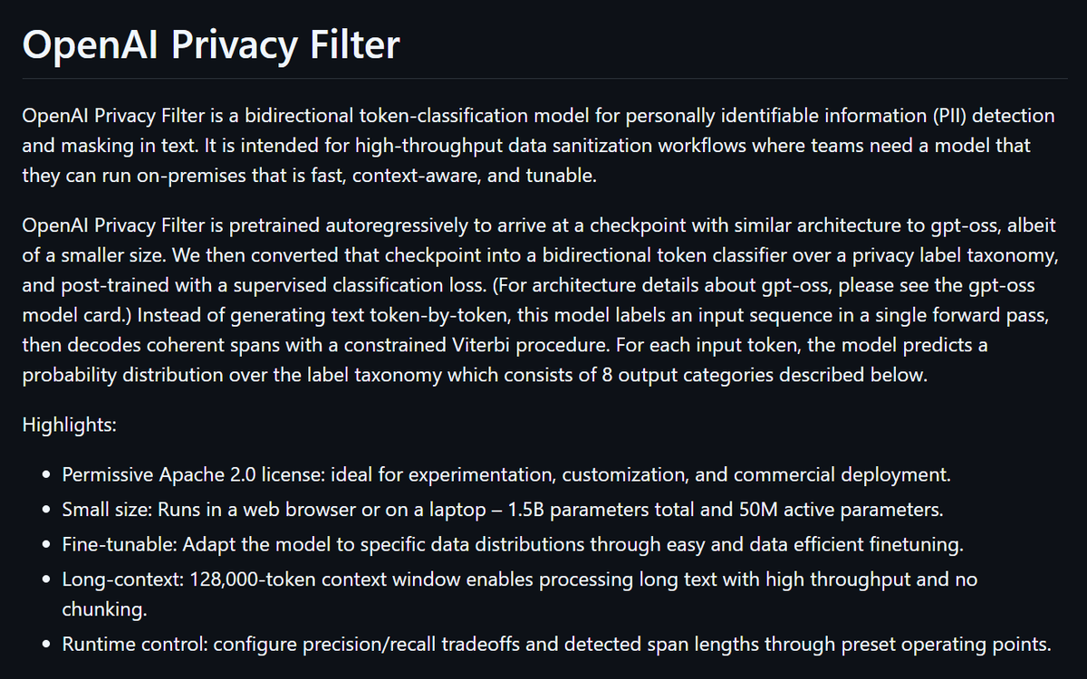 WesRoth's tweet image. OpenAI launched the "OpenAI Privacy Filter," a new open-weight model that detect and redact personally identifiable information (PII) within unstructured text.

Designed as a compact, high-throughput model, it efficiently processes long text inputs in a single pass. 

The model