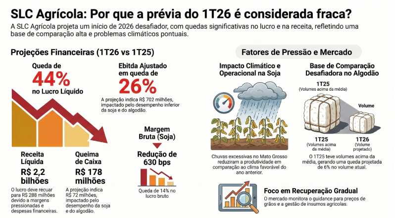 AntonioFer73370's tweet image. ALERTA: Lucro da SLC Agrícola deve recuar 44% no início de 2026. 🚨
O clima afetou a soja e o algodão, elevando o endividamento e reduzindo a receita. Apesar do tombo inicial, o mercado prevê retomada conforme os ciclos de venda se estabilizarem. 📊📉 #SLC #Investimentos