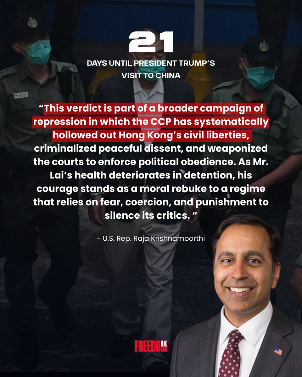 thecfhk's tweet image. When #JimmyLai was convicted in December 2025, @CongressmanRaja, the former ranking member of @CmteOnCCPDems, called it "a profound injustice and a stark indictment of the #CCP's sustained assault on fundamental rights in #HongKong," adding that Lai "is being punished not for