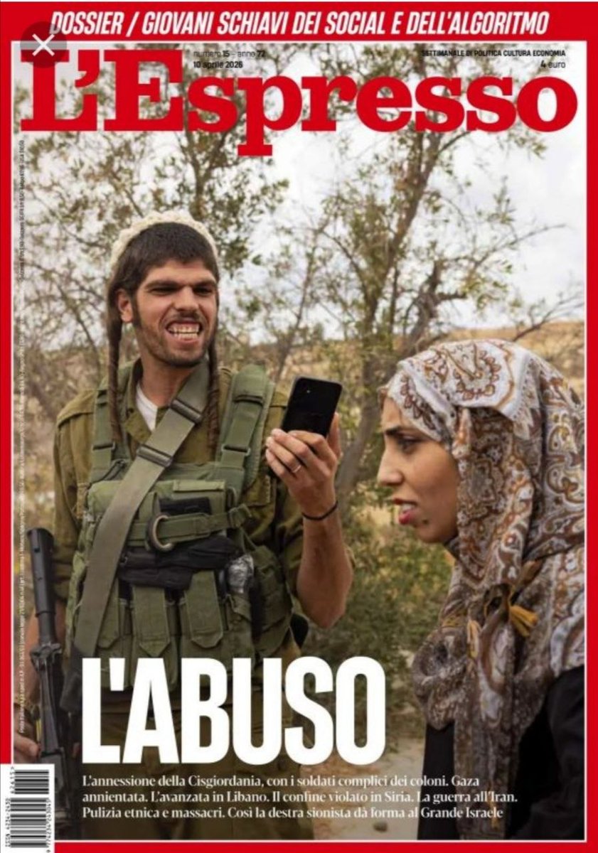 51st__State's tweet image. The cover of the #Italian magazine L'Espresso has made the rounds on #Western social media: an #Israeli settler humiliates a #Palestinian woman in the #West Bank. The Israeli embassy demanded an apology for "#antiSemitism," but the magazine refused, claiming the photo was real.