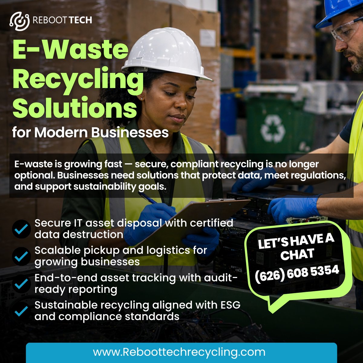 RebootTechLLC's tweet photo. E-Waste Recycling for Modern Businesses

Secure, compliant recycling with data protection, asset tracking, and scalable solutions.

https://t.co/1UODvV3Mr5
#EwasteRecycling #ITAD #DataSecurity #SustainableTech https://t.co/DzVCb2iE0N