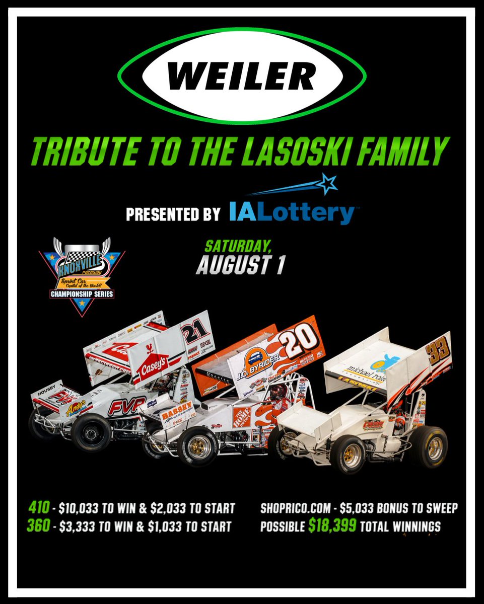 knoxvilleraces's tweet photo. 📢NEWS:  Weiler Tribute to the Lasoski Family presented by Iowa Lottery Set for August 1.

410s: $10,033 to win
360s: $3,333 to win

READ👉  https://t.co/R3558Ee0gP https://t.co/rfdTWyy9zb
