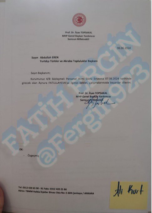 Gazeteci Fatih Ergin:

"TORPİLİN BELGESİ!

MHP Genel Başkan Yardımcısı İlyas Topsakal YTB Başkanından mülakata girecek biri için torpil istiyor!

Gelen bilgiye göre, torpilli alımları O. Y. Ş. organize ediyor. 

Torpilliler şirketler ve vakıflar üzerinden proje personeli olarak