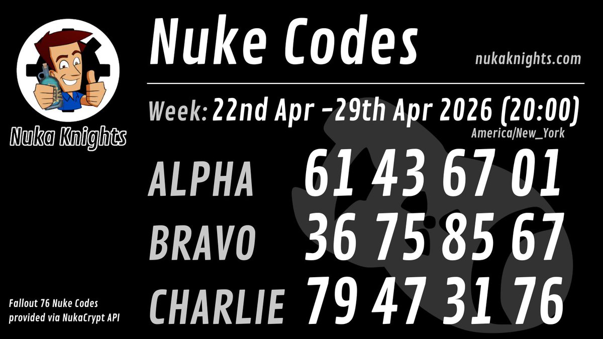 nukaknights's tweet photo. New #NukeCodes for this week. #fallout76 https://t.co/OndoIqmBfw https://t.co/NEIUt4xQGF