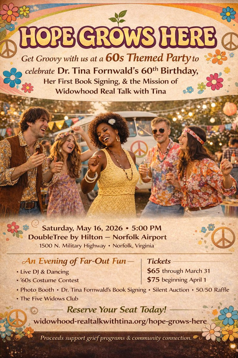 WidowhoodRTWT's tweet image. Peace, love &amp;amp; celebration ✌🏾🌼

Join me May 16 for Hope Grows Here a groovy night with DJ, dancing, comedian, photo booth, 50/50 raffle &amp;amp; my first book signing.

Dress 60s or just bring the vibe!

widowhood-realtalkwithtina.org/hope-grows-her…

#HopeGrowsHere #PeaceLoveHope #CelebrateLife