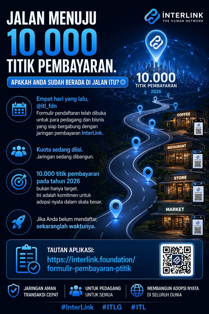 MuhamadSai16722's tweet image. JALAN MENUJU 10.000 TITIK PEMBAYARAN.Formulir pendaftaran telah dibuka untuk para pedagang dan bisnis yang siap bergabung dengan jaringan pembayaran InterLink. Jaringan sedang dibangun. Join Now : Tautan Aplikasi: interlink.foundation/formulir-pemba…
#InterLink #ITLG #ITL