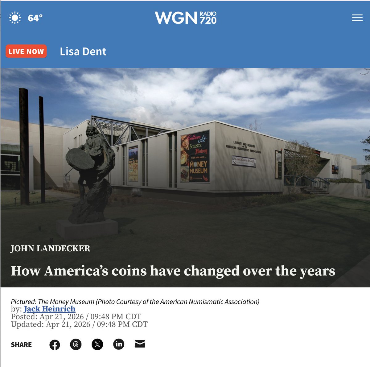 MoneyMuseumCS's tweet image. #Numismatics on the Air!🎙️🪙 Assistant Curator Caroline Turco joined John Landecker on #Chicago's @wgnradio to discuss the fascinating 250-year evolution of American coinage. @ANACoins

Full segment: 
🔗 bit.ly/48BUop1 

 #NationalCoinWeek #America250 #CoinCollecting