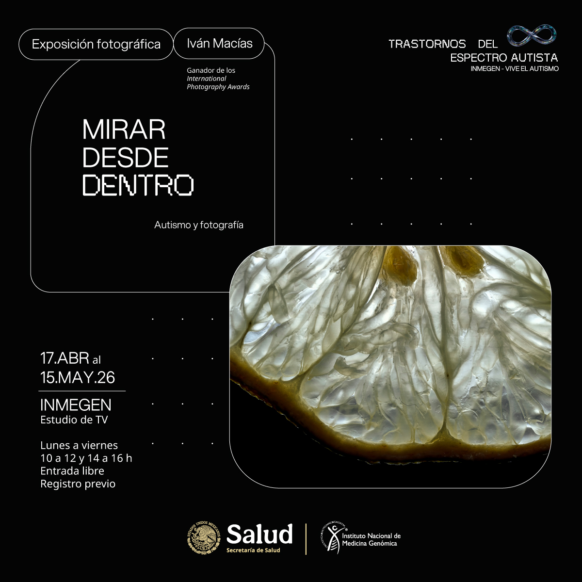 inmegen's tweet image. ¡Un @WorldPressPhoto en el #Inmegen! 📸🏆

Ven a la expo «Mirar desde dentro» de Iván Macías, uno de los 100 más creativos de @Forbes_Mexico. Una mirada única al #autismo.

🗓️ Hasta 15 mayo 📍 Estudio TV 🎟️ Registro: docs.google.com/forms/d/e/1FAI…
#TEA #Ciencia